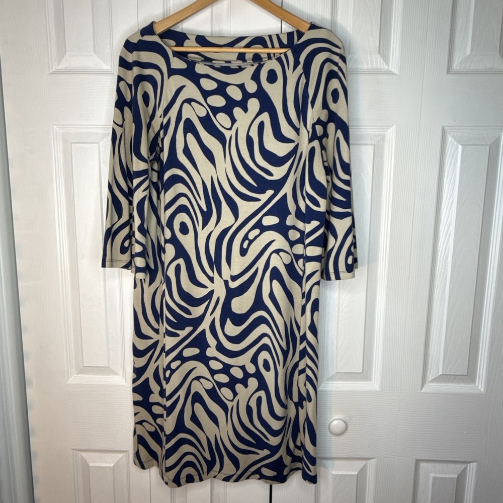 J McLaughlin Blue Animal Print Dress L‎ Rayon Knit Blend Flare Sleeve